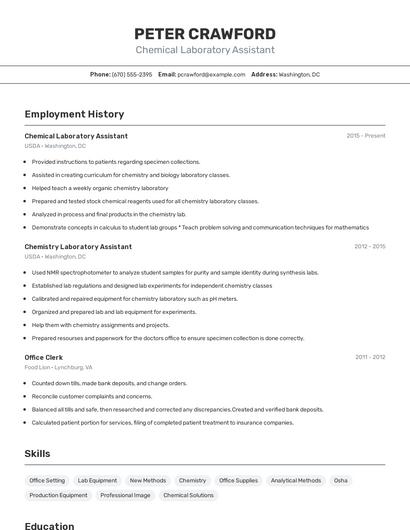 Chemical Laboratory Assistant Resume