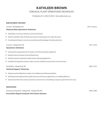 Chemical Plant Operations Technician Resume