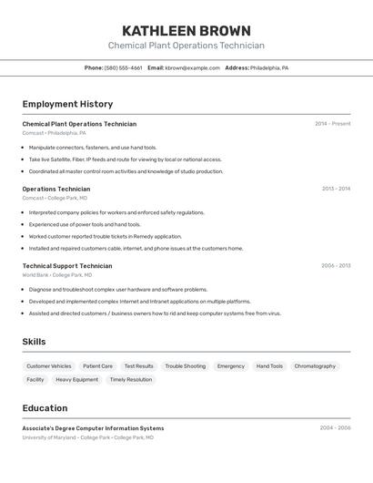 Chemical Plant Operations Technician Resume