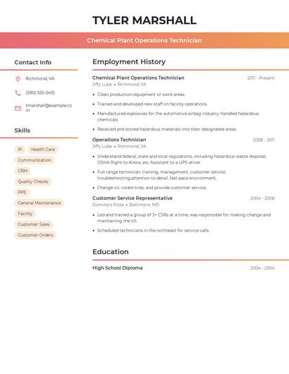 Chemical Plant Operations Technician Resume
