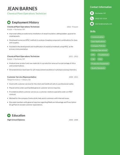 Chemical Plant Operations Technician Resume