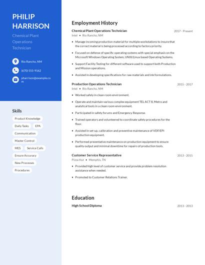 Chemical Plant Operations Technician Resume