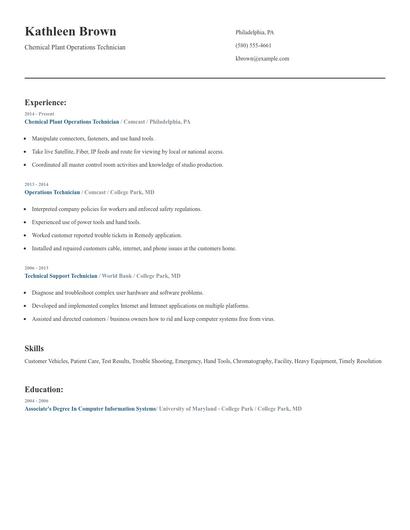 Chemical Plant Operations Technician Resume