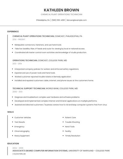 Chemical Plant Operations Technician Resume