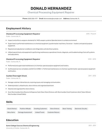 Chemical Processing Equipment Repairer Resume
