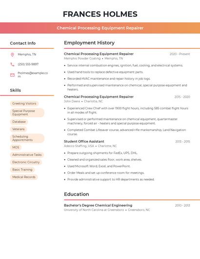 Chemical Processing Equipment Repairer Resume