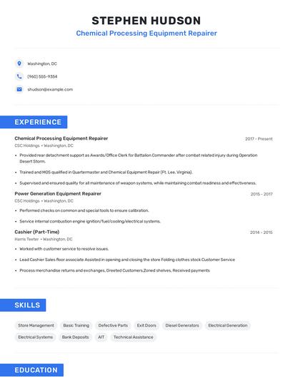 Chemical Processing Equipment Repairer Resume