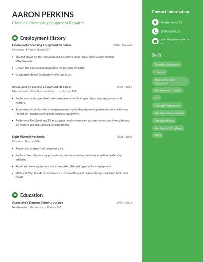 Chemical Processing Equipment Repairer Resume
