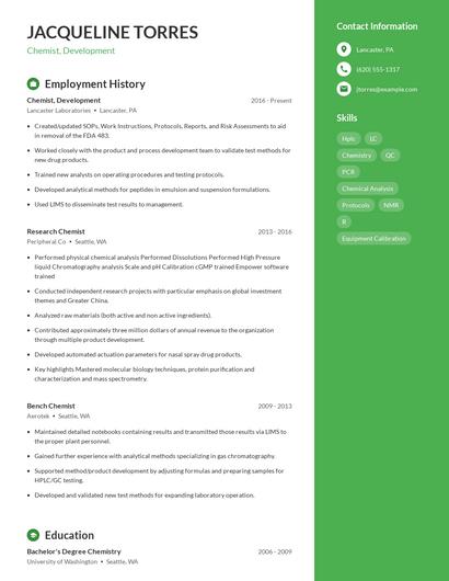 Chemist, Development Resume