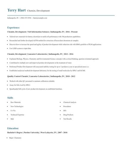 Chemist, Development Resume