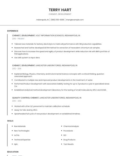 Chemist, Development Resume