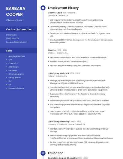 Chemist Lead Resume