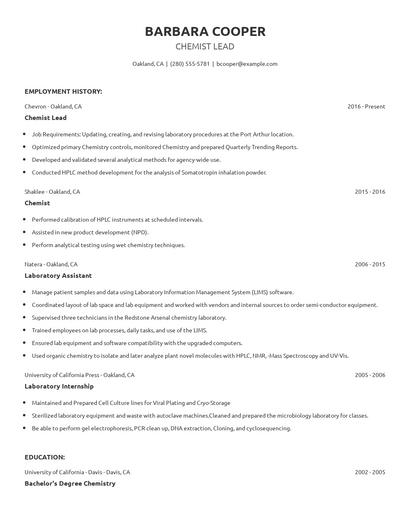 Chemist Lead Resume