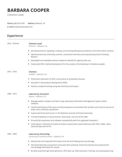Chemist Lead Resume