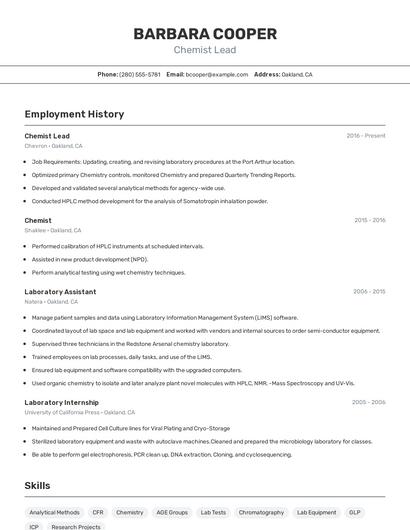 Chemist Lead Resume