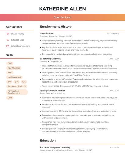 Chemist Lead Resume