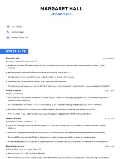 Chemist Lead Resume