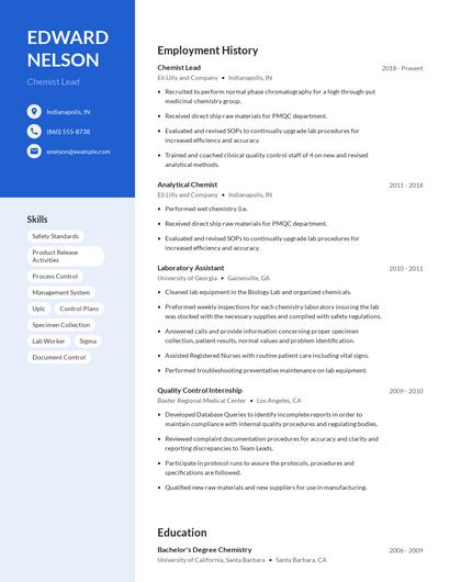 Chemist Lead Resume