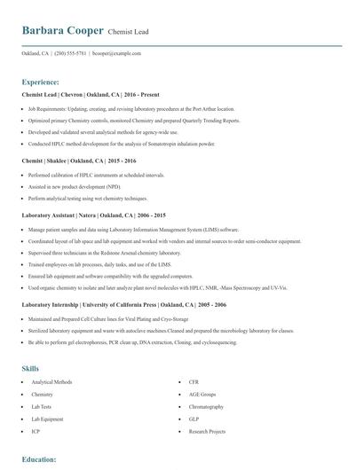 Chemist Lead Resume