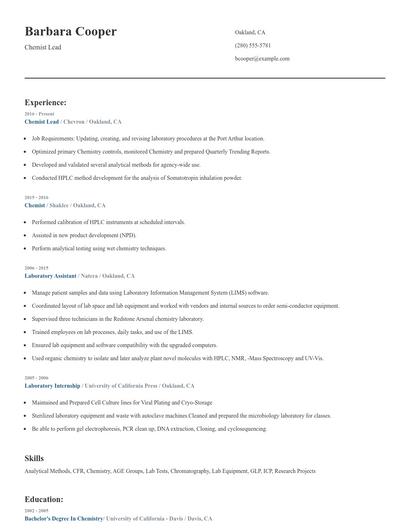 Chemist Lead Resume