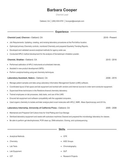 Chemist Lead Resume
