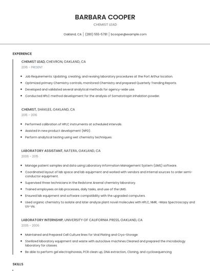 Chemist Lead Resume