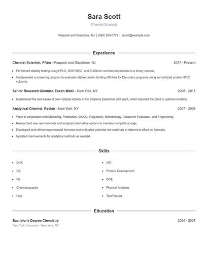 Chemist Scientist Resume