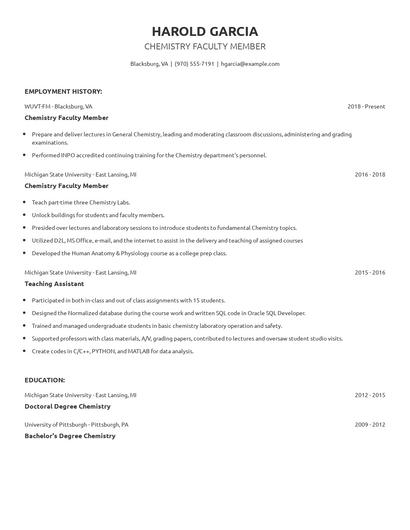 Chemistry Faculty Member Resume