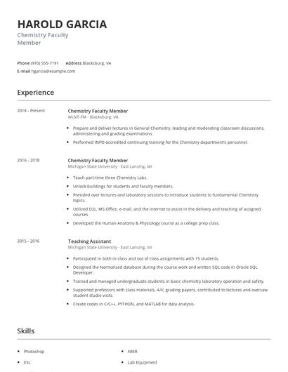 Chemistry Faculty Member Resume