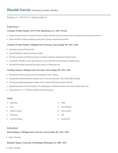 Chemistry Faculty Member Resume