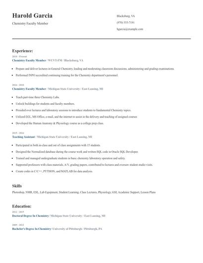 Chemistry Faculty Member Resume