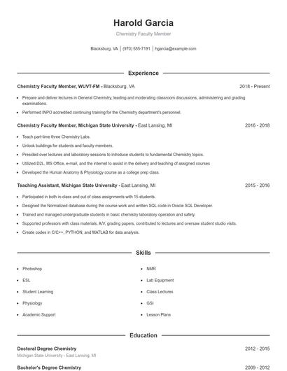 Chemistry Faculty Member Resume