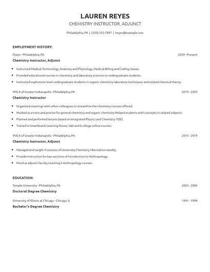 Chemistry Instructor, Adjunct Resume