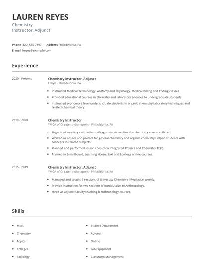 Chemistry Instructor, Adjunct Resume
