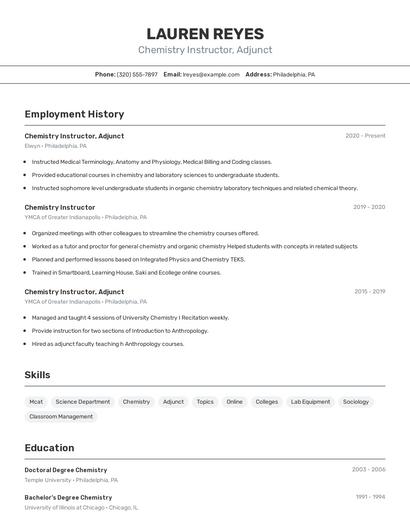 Chemistry Instructor, Adjunct Resume