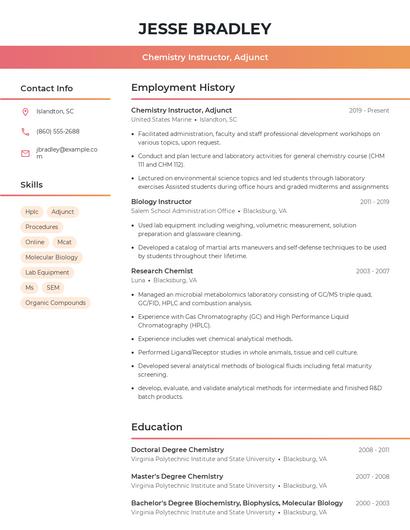 Chemistry Instructor, Adjunct Resume