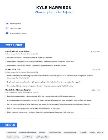 Chemistry Instructor, Adjunct Resume