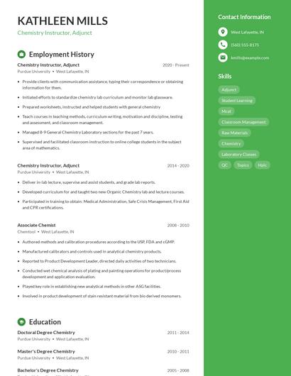 Chemistry Instructor, Adjunct Resume