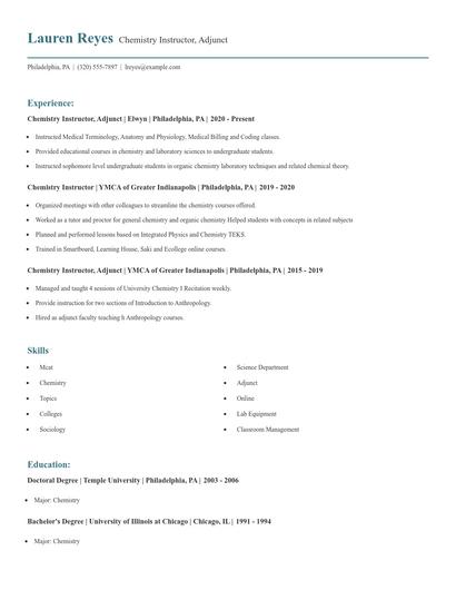 Chemistry Instructor, Adjunct Resume