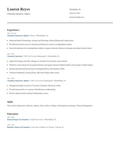 Chemistry Instructor, Adjunct Resume