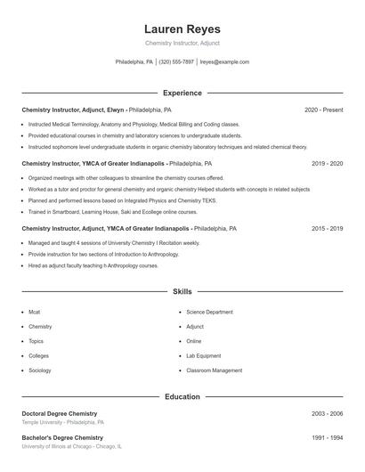 Chemistry Instructor, Adjunct Resume