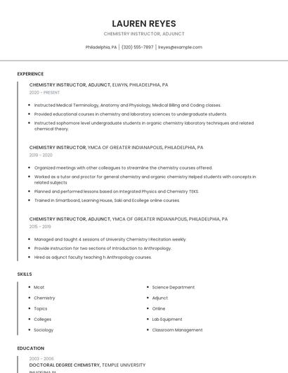 Chemistry Instructor, Adjunct Resume
