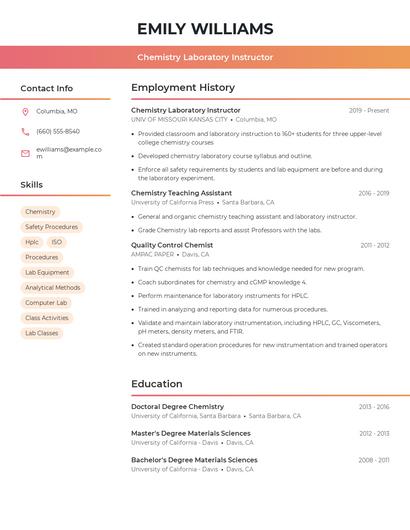 Chemistry Laboratory Instructor Resume