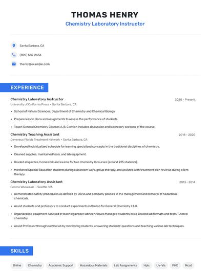 Chemistry Laboratory Instructor Resume