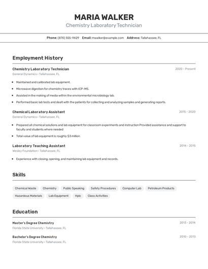 Chemistry Laboratory Technician Resume