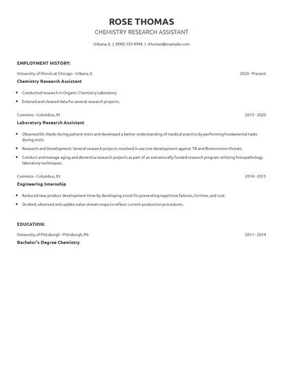 Chemistry Research Assistant Resume