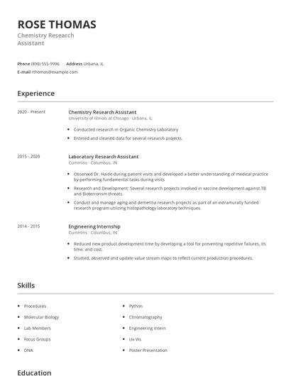 Chemistry Research Assistant Resume