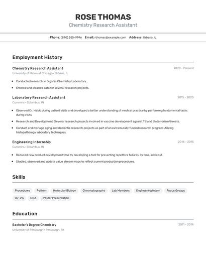 Chemistry Research Assistant Resume