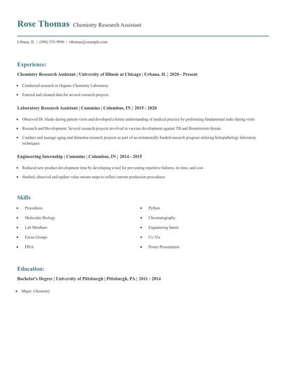 Chemistry Research Assistant Resume