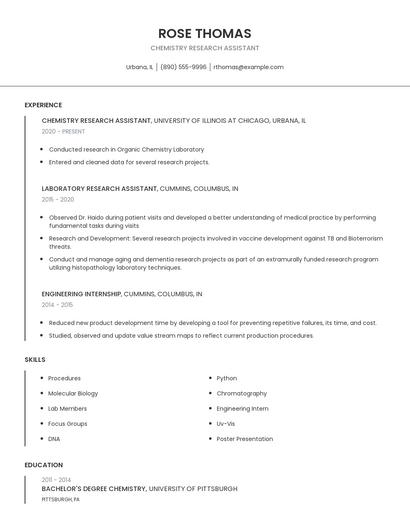 Chemistry Research Assistant Resume